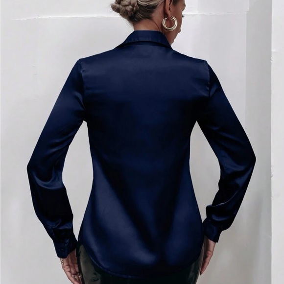 Luxe Stain Button Down Up Shirt Top Blouse Work Office Navy Blue - Picture 2 of 6